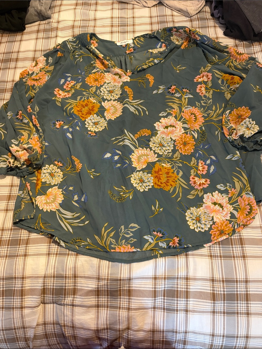 Floral V-Neck Peasant Blouse in Teal with Pink & Mustard Flowers